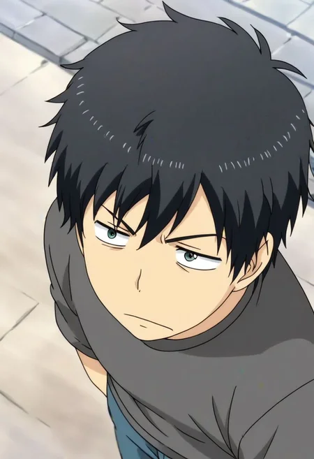 high resolution, solo, best quality, 1Boy, Arata Kaizaki, Black Hair, standing, straight facing upwards, casual, seen from above, arrogant face, dominant, intimidate, OverallDetail