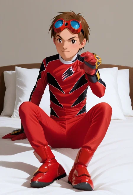 score_9, score_8_up, score_7_up, zPDXL2,
1boy, solo, goggles on head, brown hair,
,sitting on bed,
geki red, red bodysuit, black markings, red gloves, red boots,