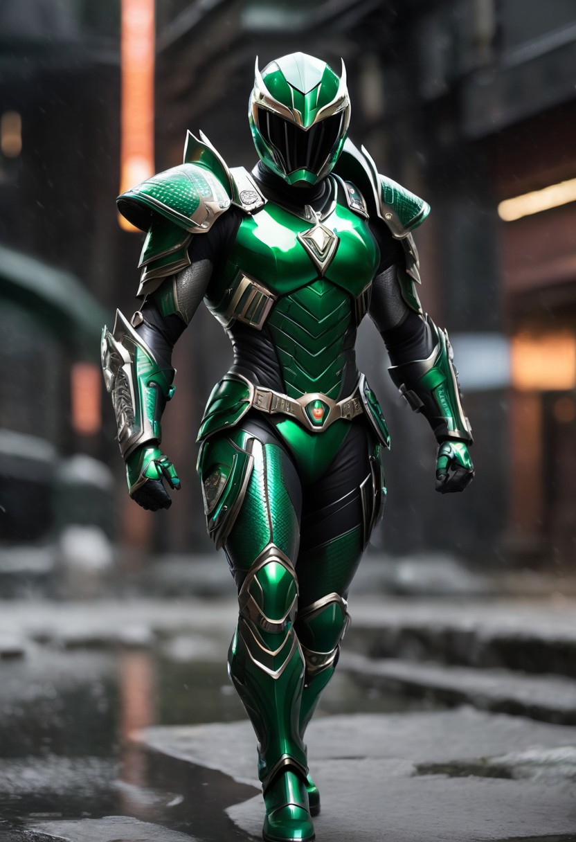 Green Power Ranger. The helmet is a sleek  emerald green with scales etched in a glossy pattern. black visor resembling fierce and intelligent, mouthpiece mirrors the komodo jaws. chest piece boasts a detailed scale motif with a bold emerald green insignia at its center. The arms are covered in flexible yet sturdy dark green emerald armor, extending to claw-tipped gloves. Small vents on the forearms. The waist is secured with a utility belt buckle, the legs are shielded by segmented armor. Thigh plates feature scale patterns, knee guards have spiked protrusions, and boots are reinforced with tungsten-tipped soles. cyberpunk art style, Shounen Anime Style, cyberpunk alien city background, full--body, highly--detailed, bokeh--focus, soft Analogous colors, extremely wide-angle, FastNegativeV2, <lora:fightingpose:0.7> squat, fighting pose, knee on ground,