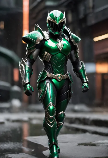 Green Power Ranger. The helmet is a sleek emerald green with scales etched in a glossy pattern. black visor resembling fierce and intelligent, mouthpiece mirrors the komodo jaws. chest piece boasts a detailed scale motif with a bold emerald green insignia at its center. The arms are covered in flexible yet sturdy dark green emerald armor, extending to claw-tipped gloves. Small vents on the forearms. The waist is secured with a utility belt buckle, the legs are shielded by segmented armor. Thigh plates feature scale patterns, knee guards have spiked protrusions, and boots are reinforced with tungsten-tipped soles. cyberpunk art style, Shounen Anime Style, cyberpunk alien city background, full--body, highly--detailed, bokeh--focus, soft Analogous colors, extremely wide-angle, FastNegativeV2, <lora:fightingpose:0.7> squat, fighting pose, knee on ground,