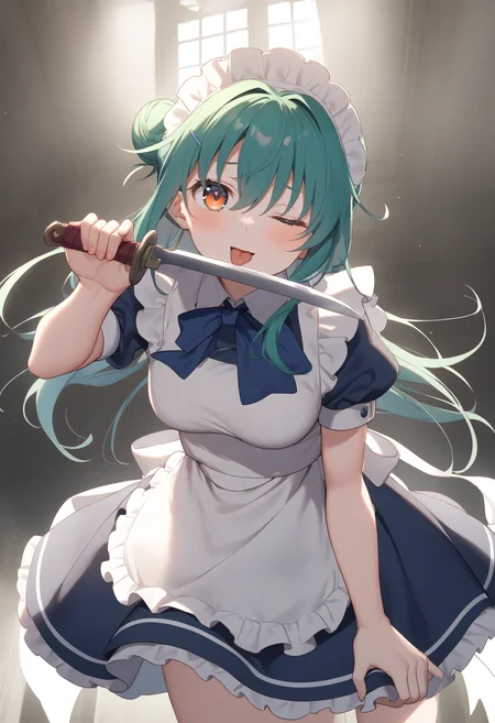 1girl,sincos, ningen mame, toosaka asagi,solo,medium breasts,20yo,maid,maid headdress,
licking knife, <lora:lickingknife_XL_v1:0.8>
tongue out, licking knife, sword, holding weapon, licking weapon,
ceiling, wide shot, looking up, aqua hair, orange eyes,wince, fountain, closed mouth, hair bun hair,,
best quality, very aesthetic, absurdres