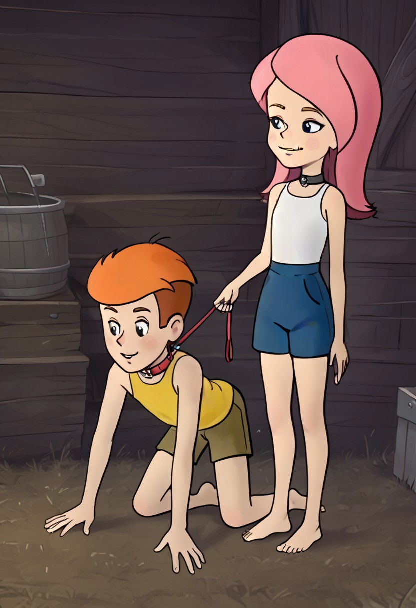 score_7, score_8, score_9, well detailed, 2d, flat colours, vector, line art, cartoon, 1boy, 1girl, shorty, skinny, undersized, underweighted, flat chested, well drawn, detailed , prostokvashino, fyodor, olya, couple, boy and girl, boy with short orange hair, girl with long pink hair, barn background, wooden wall, haystack, shorts, tank top, barefoot, fullbody, girl in collar on all fours against standing boy, pet play, boy pulling leash, boy with evil smirk, boy kicks girl in her stomach, boy holding leash, submissive girl, dominating boy,