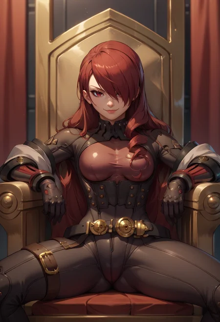 score_9, score_8_up, score_7_up, source_anime, solo, 1girl, kirijoarena, seductive smile, looking at viewer, sitting, spread legs, throne, hair over one eye, black bodysuit, black gloves, belt <lora:persona3_kirijou_ponyXL:1>