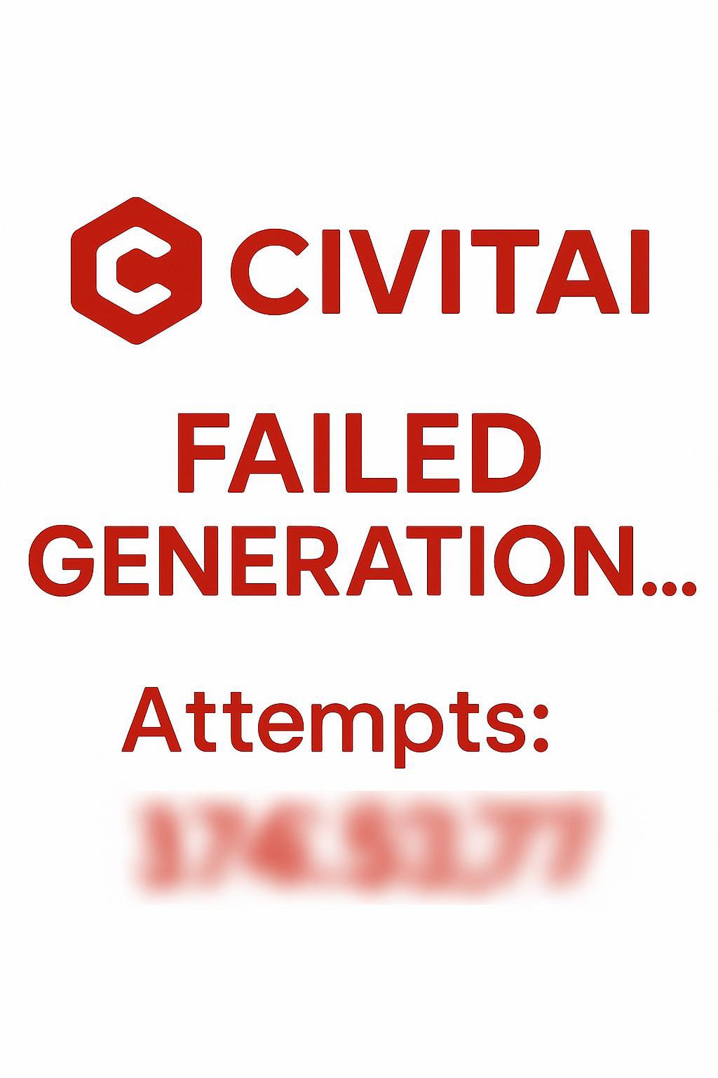 the civitai logo with red lettering message reading 'failed generation...' and a count of how many times. The numbers are blurred/censored.
