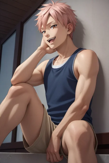 score_9, score_8_up, score_7_up, source_anime, rating_safe, intricate details, (photorealistic:0.6), , , 1boy, solo, male focus, <lora:shion_asuma_pony:0.82>, shion_asuma, pink hair, brown eyes, short hair, from below, great wall of china, dawn, knees up, laughing, tank top,, <lora:sdxl_lightning_8step_lora:1>