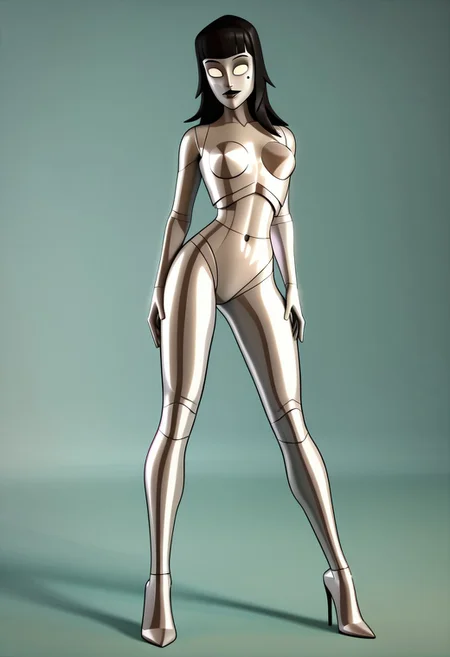 score_9, score_8_up, score_7_up BREAK LaylaBot, 1girl, black bobcut hair, blunt bangs, white light eyes, silver metallic body, high heels, solo, solo focus, 3d, source_3d, photorealistic, posing for viewer, full body,
