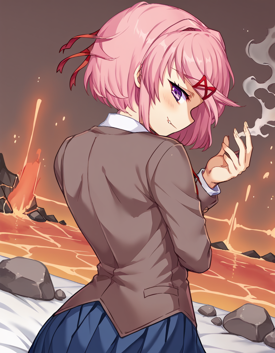 score_9, score_8_up, score_7_up, source_anime, <lora:ddlc-natsuki-ingame-ponyxl-lora-nochekaiser:1>, natsuki, fang, hair ornament, pink hair, purple eyes, short hair, short sidetail, swept bangs, x hair ornament,, blazer, blue skirt, brown jacket, collared shirt, jacket, long sleeves, miniskirt, neck ribbon, pleated skirt, red ribbon, ribbon, school uniform, shirt, skirt, swept bangs, vest, white shirt, wing collar,, volcano, lava, rock, fire, smoke, , <lora:dio-brandos-pose-ponyxl-lora-nochekaiser:1>, dio brandos pose, dio brando's pose (jojo), back, ass, from behind, jojo pose, standing, blush, smile, bed room,, looking at viewer, solo,, dutch angle, cowboy shot