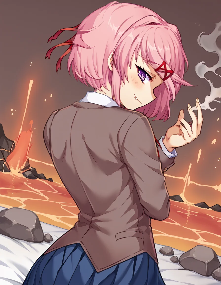 score_9, score_8_up, score_7_up, source_anime, <lora:ddlc-natsuki-ingame-ponyxl-lora-nochekaiser:1>, natsuki, fang, hair ornament, pink hair, purple eyes, short hair, short sidetail, swept bangs, x hair ornament,, blazer, blue skirt, brown jacket, collared shirt, jacket, long sleeves, miniskirt, neck ribbon, pleated skirt, red ribbon, ribbon, school uniform, shirt, skirt, swept bangs, vest, white shirt, wing collar,, volcano, lava, rock, fire, smoke, , <lora:dio-brandos-pose-ponyxl-lora-nochekaiser:1>, dio brandos pose, dio brando's pose (jojo), back, ass, from behind, jojo pose, standing, blush, smile, bed room,, looking at viewer, solo,, dutch angle, cowboy shot