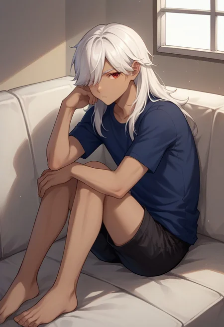 score_9, score_8_up, score_7_up, source_anime, highly detailed,
cyno, 1boy, male focus, solo, dark-skinned male, dark skin, white hair, hair over one eye, long hair, red eyes, shirt, t-shirt, shorts, black shorts, barefoot,
indoor, contemporary, sitting, couch, bored,