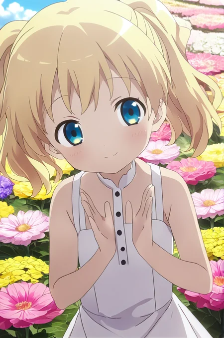 alice_cartelet, 1girl, solo,petite, blonde hair, small breasts,close up,standing,looking at viewer,flowerhands,white dress, Make flower shape with both hands, open palms,incoming,upperbody,smile,cloud,flower park,wind <lora:better skin typeB-v1:0.7> <lora:XDetail_light:1>masterpiece,best quality,source anime
<lora:negativeXL_D:1> <lora:_sdxl-flowerhands:0.7> <lora:alice_cartelet-animagine-v1:0.7>