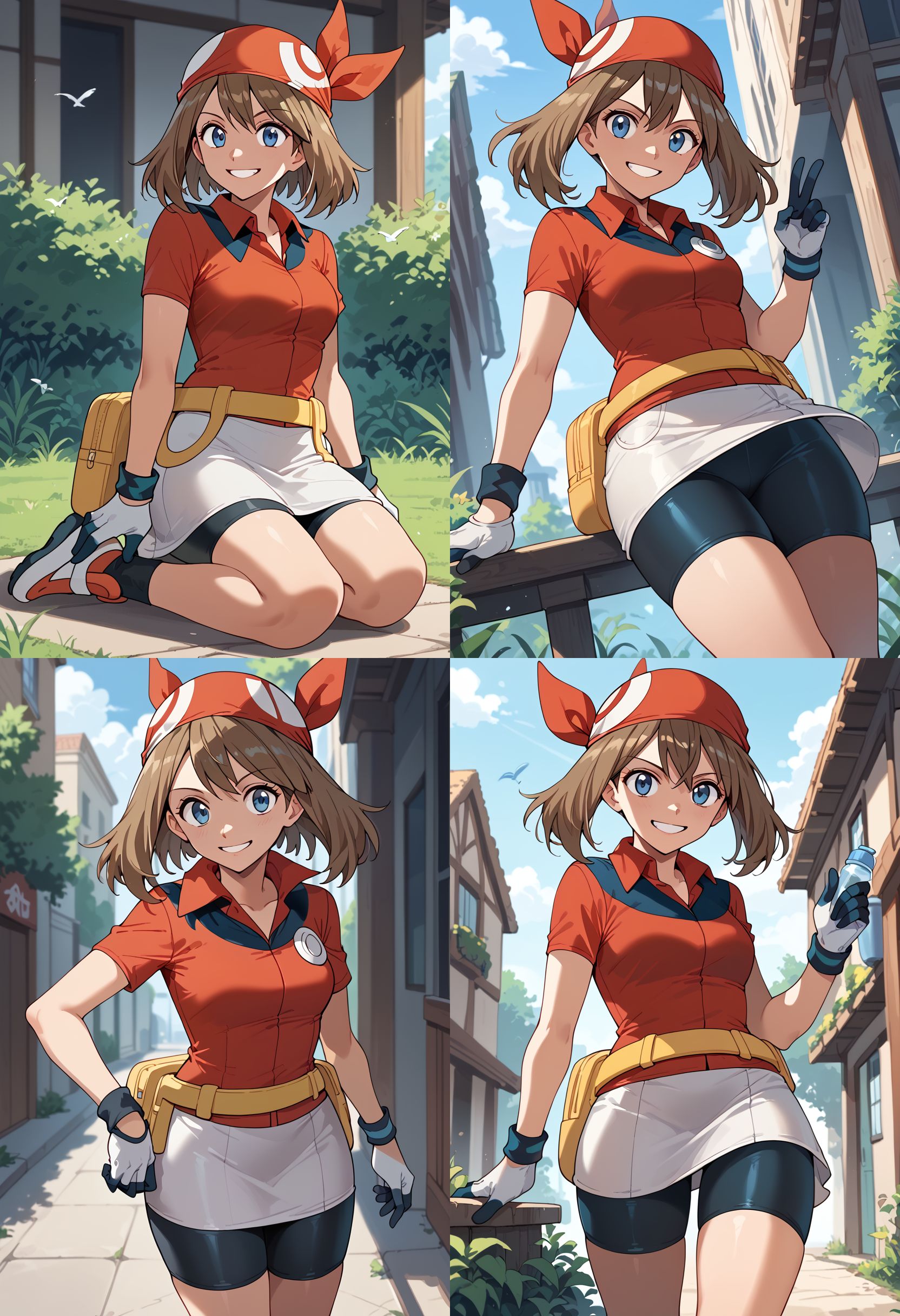 __femalePosesWildcard400_v10/female-poses__, smile,  <lora:MayRSEPony:1> May_RS, medium hair, brown hair, blue eyes, red bandana, collared shirt, red shirt, short sleeves, white gloves, fanny pack, yellow belt, white skirt, bike shorts under skirt, bike shorts, red footwear,, score_9, score_8_up, score_7_up, score_6_up, score_5_up, score_4_up,