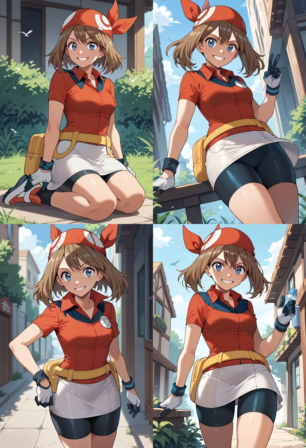 __femalePosesWildcard400_v10/female-poses__, smile, <lora:MayRSEPony:1> May_RS, medium hair, brown hair, blue eyes, red bandana, collared shirt, red shirt, short sleeves, white gloves, fanny pack, yellow belt, white skirt, bike shorts under skirt, bike shorts, red footwear,, score_9, score_8_up, score_7_up, score_6_up, score_5_up, score_4_up,