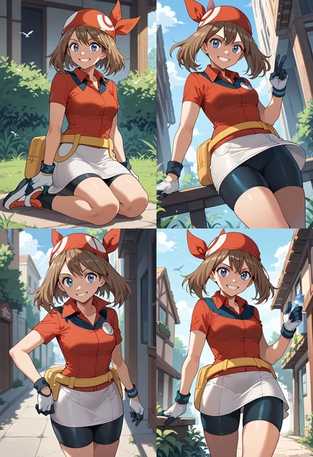 __femalePosesWildcard400_v10/female-poses__, smile,  <lora:MayRSEPony:1> May_RS, medium hair, brown hair, blue eyes, red bandana, collared shirt, red shirt, short sleeves, white gloves, fanny pack, yellow belt, white skirt, bike shorts under skirt, bike shorts, red footwear,, score_9, score_8_up, score_7_up, score_6_up, score_5_up, score_4_up,