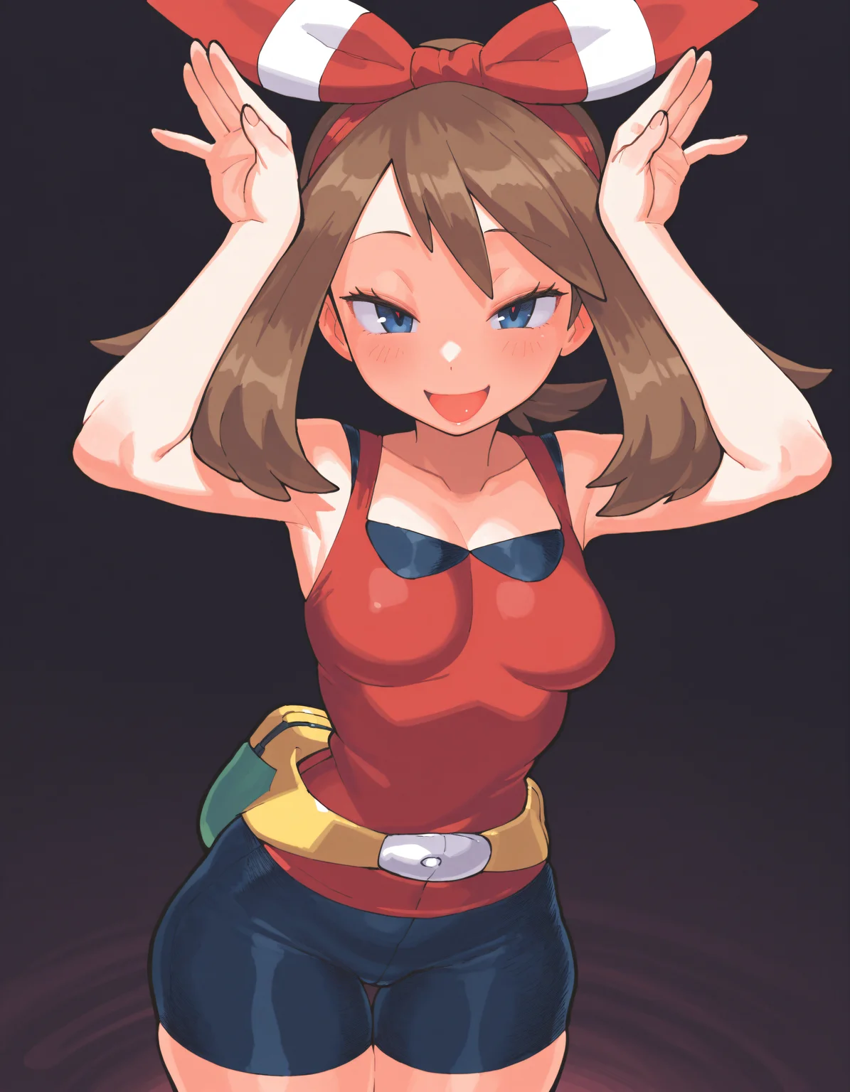 (masterpiece), (incredibly absurdres), best quality, <lora:Inkuusan-IL-V1_Aeromoia:1>, inkus, 1girl, may \(pokemon\), solo, small breasts, spats, thigh gap, rabbit pose, seductive eyes, open mouth, smile, blush, looking at viewer, dark background, cowboy shot