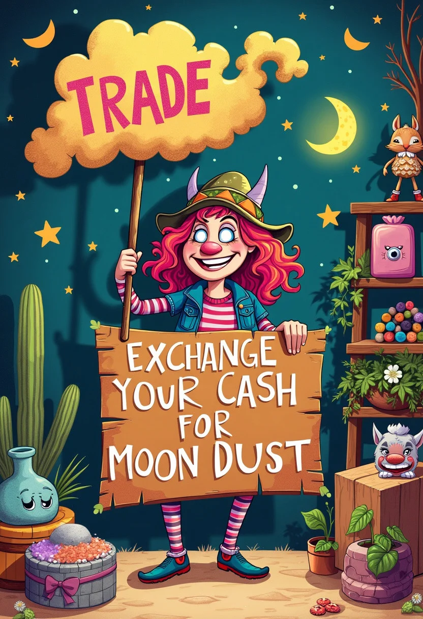 Illustrate a whimsical, colorful scene populated by an eccentric character. This character should be depicted offering an absurd trade proposition, such as "Exchange your cash for moon dust" displayed on a quirky, eye-catching sign. Use vibrant color palettes and playful design elements to emphasize the eccentricity and humor of the request. The background should complement the quirky theme with imaginative and fantastical elements, perhaps featuring other outlandish items up for trade.