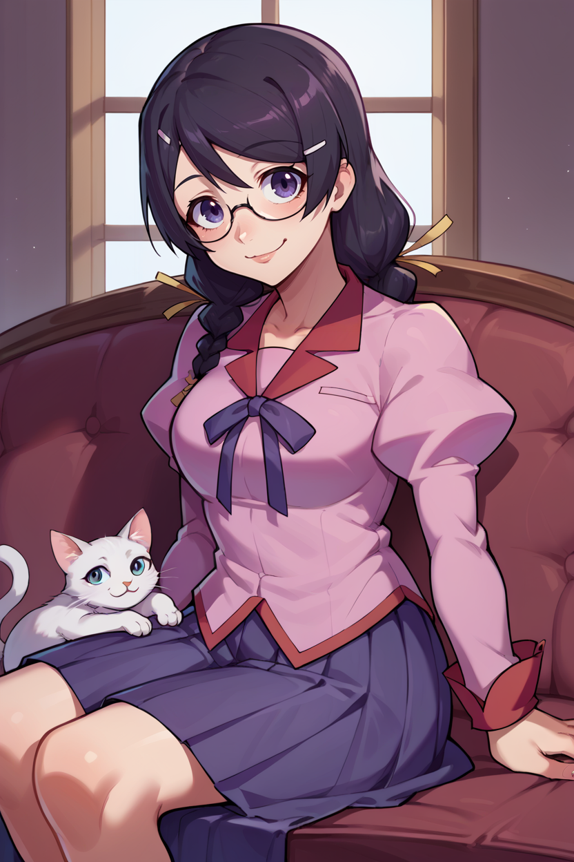 score_9, score_8_up, score_7_up, score_6_up, source_anime, BREAK 1girl, solo  <lora:tsubasa-pdxl-nvwls-v1-000005:1> defTsubasa, black hair, purple eyes, twin braids, hairclip, glasses, school uniform, pink shirt, puffy sleeves, long sleeves, pleated skirt, sitting, couch, cat, cat on lap, looking at you, happy, smile