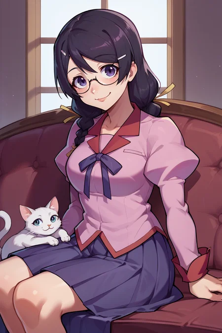 score_9, score_8_up, score_7_up, score_6_up, source_anime, BREAK 1girl, solo  <lora:tsubasa-pdxl-nvwls-v1-000005:1> defTsubasa, black hair, purple eyes, twin braids, hairclip, glasses, school uniform, pink shirt, puffy sleeves, long sleeves, pleated skirt, sitting, couch, cat, cat on lap, looking at you, happy, smile