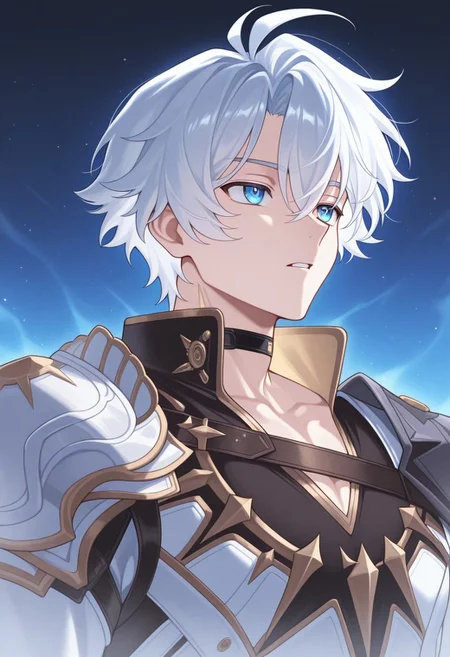 masterpiece,best quality,amazing quality, source_anime,
Phainonhsr, 1boy, male focus, solo, blue eyes, white hair, black choker, neck tatto, shoulder armor, shirt, black shirt, coat, white coat, cape,