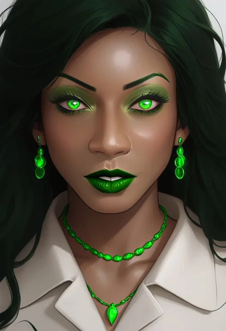 1women, Xandi Moanjo, long dark green hair, green eyes, perfect eyes, green lipstick, eye shades, lips, lipstick, makeup, black button up shirt, green necklace, green earing, collarbone, portrait,