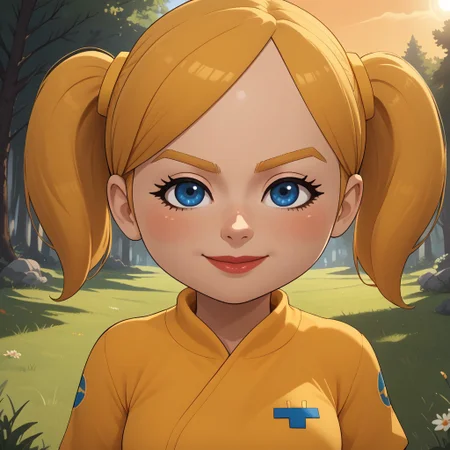 score_9, score_8, BREAK, solo, wii, mii, wii sports, 1girl, female mii, blue eyes, blush, blonde hair, blonde eyebrows, twintails, yellow clothing, white pants, sneakers, nintendo mii, modern_mii, classic_mii, pavika_\(\\oc_mii\\\), breasts, lips, sexy pose, self portrait, smile, outdoors, sunlight, shadows, evening lighting, natural lighting, forest, trees, grass, orange sky, sunset