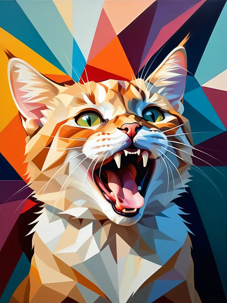 <lora:07RomanticismArt_Hap_XL:1>, romanticism oil painting, Oil painting of a cute cat yawning, geometric shapes, polygonal design, high detail, vibrant colors, ethereal, soft lighting, intricate geometric patterns, abstract art, symmetrical, modern art, futuristic, oil texture, bold strokes, multiple shades, depth and dimension, dramatic pose, adorable expressionï¼