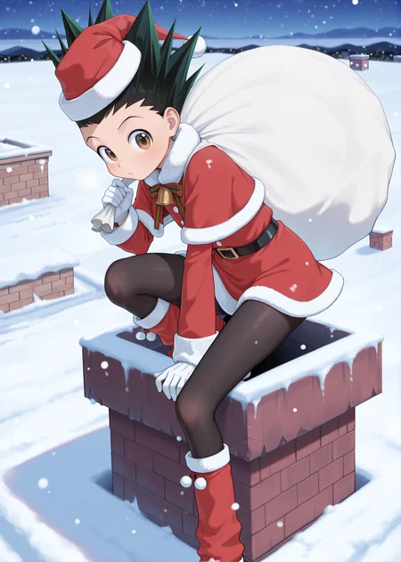 masterpiece, best quality, absurdres, amazing quality, 1boy, solo, <lora:IlluGon-000010:1> illugon, black hair, green hair, spiked hair, brown eyes, santa hat, santa costume, fur trim, red dress, pom pom \(clothes\), black pantyhose, white gloves, snow, on rooftop, capelet, <lora:chimney_Illust_v1:1> chimney, sack, outdoors, snowing