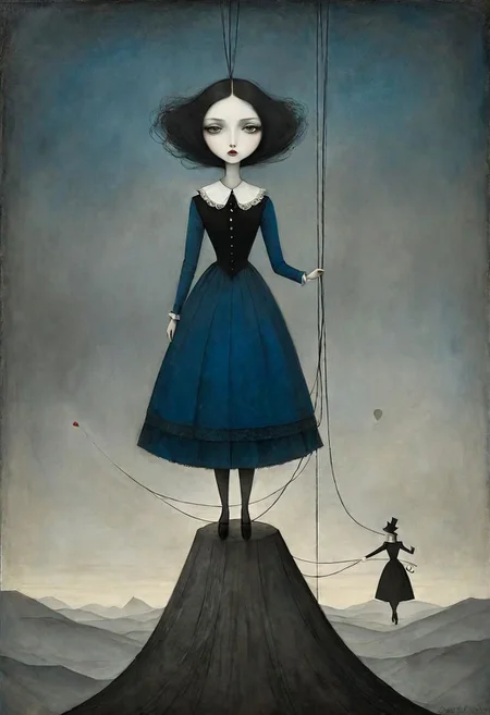 Neo Surrealism, overwhelmed by reason, by Gabriel Pacheco and Max Ernst, existential residues dark shines surrealism, deep blue, gray and dark red color scheme, fantasy Victorian art, magical realism bizarre art, pop surrealism, like Alice in wonderland, whimsical art. Generate an illustration of an anime puppeteer manipulating shadows and strings, symbolizing the art of puppeteer moves in dark psychology. The figure should have a mysterious aura.