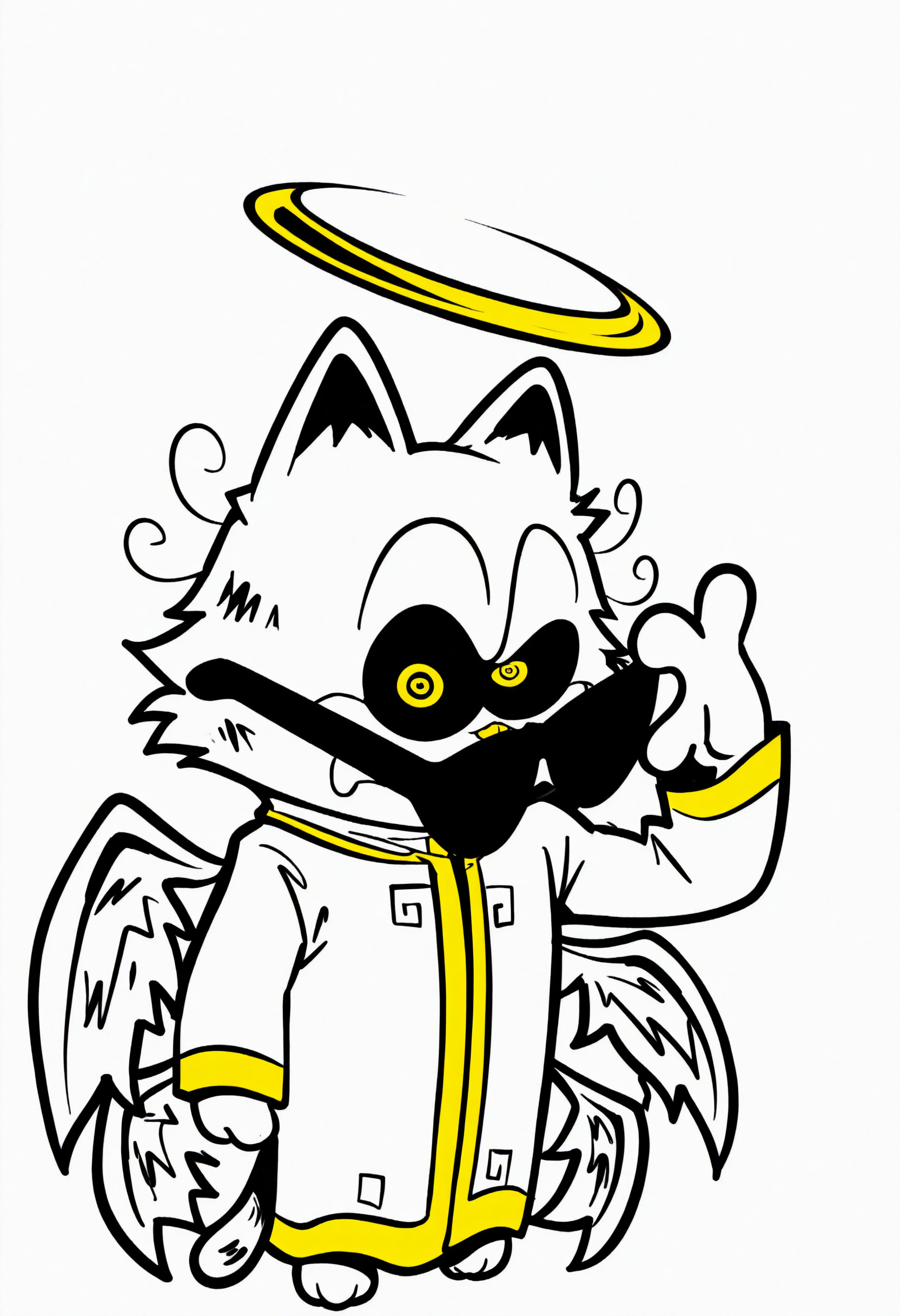 <lora:Godfield_illustrious-000015:1.0>, <lora:sus-guy-il:1>, score_9, score_8_up, score_7_up, masterpiece, best quality, 1boy, solo, anthro, furry, no humans, godfield, cat ears, solo, black sclera, yellow eyes, white fur, robe, yellow accents, halo, wings, mikus-concept, sunglasses, standing, confident pose, raised eyebrow, chibi