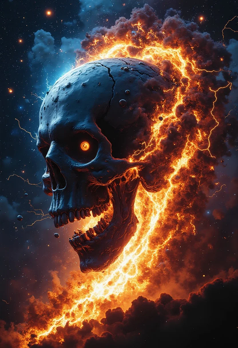 neurochaos. Entire galaxies shatter in a cosmic apocalypse, spiraling into chaos as their stars and planets explode in waves of fire, plasma, and lightning. Spiral arms break apart, flinging molten debris and glowing nebulae into the void, leaving trails of iridescent chaos in their wake.
At the center of this maelstrom, a shadowy, colossal skull emerges, its hollow eyes glowing faintly amidst the destruction. Lightning arcs across its surface, connecting the fragments of exploding galaxies as if orchestrating the chaos. Flames and supernova bursts illuminate the void, casting eerie shadows across the spectral skull, its presence an ominous force within the obliterating cosmos.