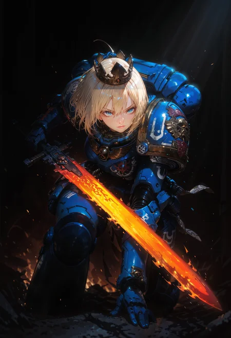 masterpiece, best quality, good quality, newest, highres, absurdres, volumetric lighting,gradient color,
BREAK
raytracing, volumetric lighting, ambient occlusion, girl, background, masterpiece, best quality, very awa, absurdres,
BREAK
UltraM40k, solo, 1girl, power armor, blonde hair, Crown, model style,
BREAK
masterpiece,amazing quality,best quality,ultra-detailed,8K,illustration,CG,shiny hair,clear skin,ultra-detailed-eyes, background,cute girl,
BREAK,
weapon, fire sword, holding sword, flaming sword, dynamic pose,
<lora:DetailedEyes_V3:1> <lora:USNR STYLE_XL_loha:0.45> <lora:GBF_Illustrious:0.4> <lora:NOOB_vp1_detailer_by_volnovik_v1:0.3> <lora:MGE_V5.2_IL:0.6> <lora:ponyv6_noobE11_2_adamW:0.5> <lora:noobai_vpred_1_masterpieces_v1:1> <lora:748cmXLillokrV5311P:0.6> <lora:ILLUltraM40k:1>