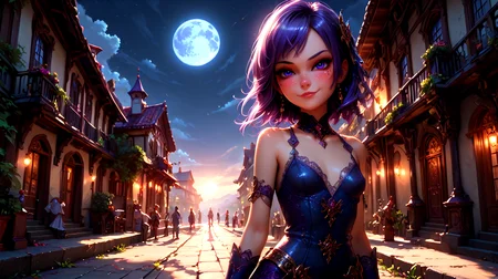 <lora:Fjola-000007:0.5>, Fjola, purple hair, purple eyes, facing viewer, small breasts, gloves, boots, closed mouth smirk,
outside, on the top of a building at night,
1 girl, cute, (petite), (red lips:0.8), sultry look, seductive,
(Full body shot:0.7),
<lora:detailed_notrigger:1>,
PonyScores7,
<lora:MythP0rtr4itStyle:0.4> mythp0rt,
epic beautiful lighting, god rays, moonlight beams, volumetric lighting, rim lighting, nighttime scene, blue moon,
masterpiece, beautiful and detailed brightness, (goosebumps:0.5), subsurface scattering, ultra realistic, textured skin, visible skin detail, skin fuzz