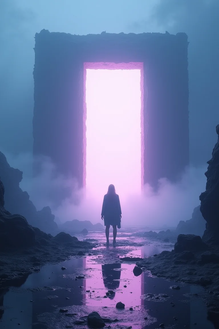 A mysterious, ethereal landscape dominated by shades of blue and purple. A lone figure stands in the foreground, facing a radiant, rectangular portal that emanates a soft pinkish glow. Surrounding the figure and the portal are fragmented, jagged structures, possibly remnants of a collapsed or ancient civilization. The ground appears wet, reflecting the ambient light, and there are floating debris scattered around. The entire scene exudes a sense of wonder, exploration, and the unknown.