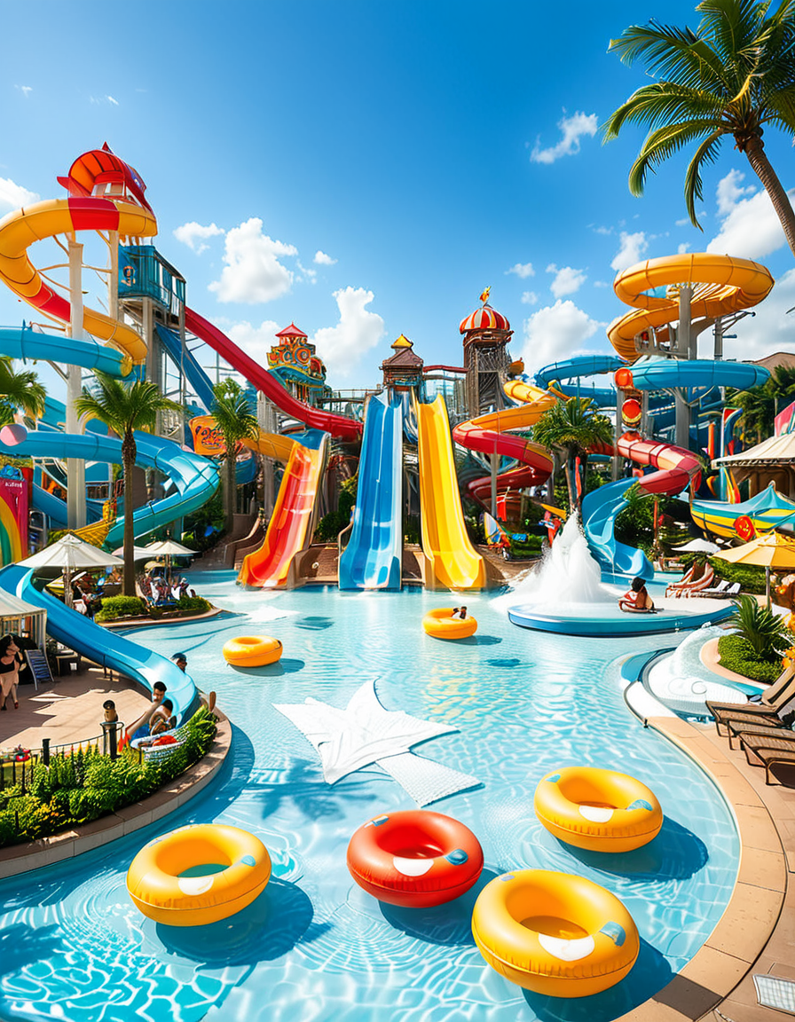 A vibrant and exciting water park on a sunny summer day, filled with families and friends enjoying the attractions. In the foreground, a massive twisting water slide with bright colors (blue, yellow, and red) spirals down into a large, crystal-clear pool. People are mid-air, splashing into the water with big smiles and excitement on their faces. To the left, a lazy river with inflatable tubes gently floats visitors under small waterfalls and palm trees. In the center, a giant wave pool creates artificial waves, with children and adults riding them on inflatable boards. A tall, multi-story play structure with water cannons, tipping buckets, and small slides is surrounded by kids laughing and playing. The background features lounge chairs with sunbathers, colorful umbrellas, and a snack bar selling ice cream and drinks. The sky is bright blue with fluffy white clouds, and the sunlight reflects off the wet surfaces, enhancing the cheerful summer atmosphere. The overall mood is fun, energetic, and full of joy.
<lora:SDXLFaeTastic2400:0.4> <lora:extremely_detailed:0.4> extremely detailed, <lora:water_p4rk:1>,water p4rk, Masterpiece,best quality,hi res,8k,hi res,8k,award winning,(sharp focus, intricate, highly detailed),