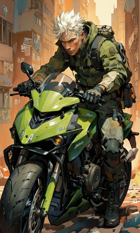 Ablatamahota style. A digital illustration shoot from the side about a muscular male character riding a green motorcycle in a futuristic city setting. the image also shows the character, a young man with spiky white hair, wearing a green jacket, black gloves, and black pants, with a determined expression on his face. he is positioned in the middle of the image, leaning forward on the motorcycle with his hands on the handlebars. the motorcycle has the word "ADA" written on the front, and the character is equipped with a backpack. the background shows a cityscape with tall buildings and graffiti-covered walls, illuminated by a warm, orange light. the character appears to be in his mid-twenties, with short white hair styled in a spiky manner.