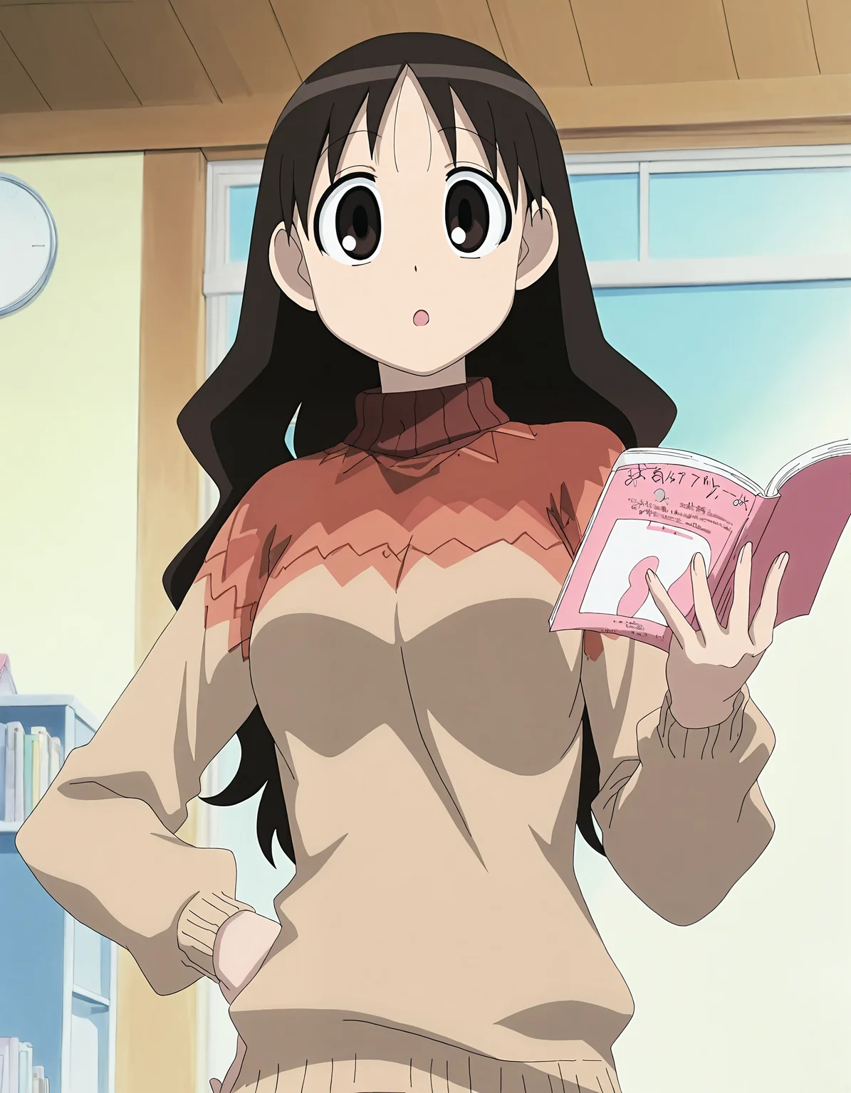 masterpiece, best quality, good quality, newest, highres, absurdres,<lora:Azumanga_style-000013:1>,azumanga_illu, style parody,anime screenshot, 1girl, solo, book, brown hair, long hair, brown eyes, sweater, hand on hip, holding, open book, long sleeves, indoors, :o, holding book