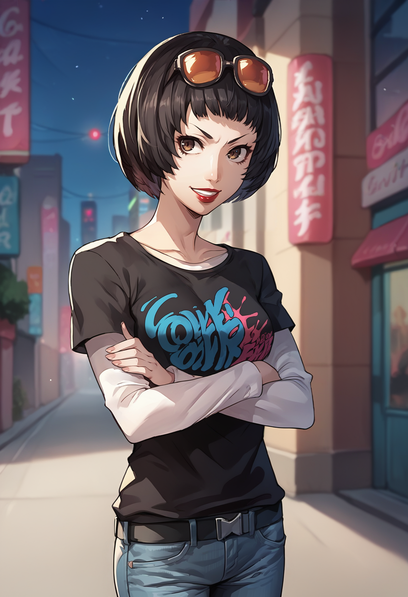 score_9, score_8_up, score_7_up, source_anime, 1girl, cowboy shot, looking at viewer, crossed arms, grin, <lora:OhyaP5-pdxl:1> ohyaP5, short hair, bob cut, sunglasses on head, lipstick, black t-shirt, clothes writing, layered sleeves, medium breasts, jeans, outdoors, city, night