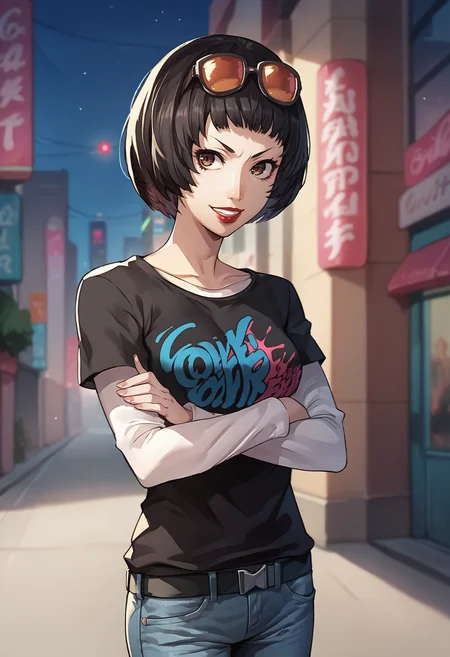 score_9, score_8_up, score_7_up, source_anime, 1girl, cowboy shot, looking at viewer, crossed arms, grin, <lora:OhyaP5-pdxl:1> ohyaP5, short hair, bob cut, sunglasses on head, lipstick, black t-shirt, clothes writing, layered sleeves, medium breasts, jeans, outdoors, city, night