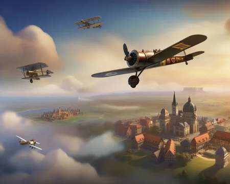 Civilization 6 style, German Baron pilots plane in the sky, <lora:ææXLv1:1>