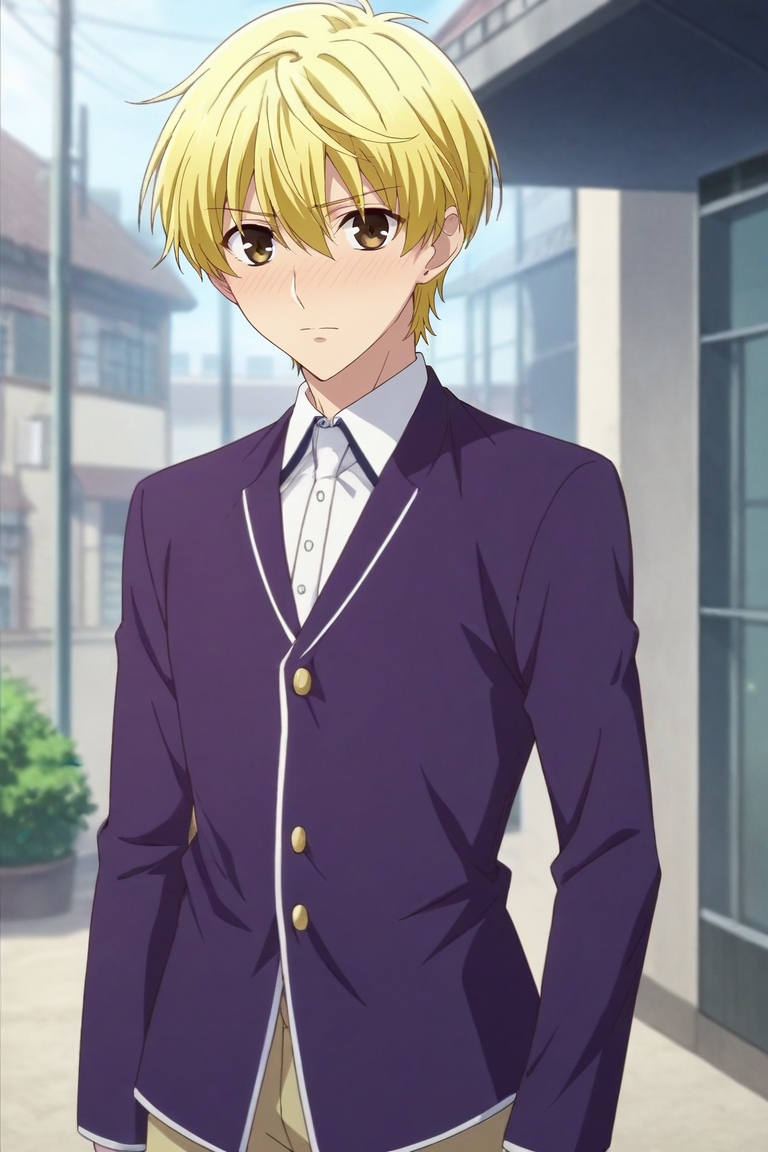 score_9, score_8_up, score_7_up, , rating_safe, intricate details, semi-realistic, looking at viewer, depth of field, 1boy, solo, male focus, <lora:momiji_souma_pony:0.84>, momiji_souma, blonde hair, brown eyes, short hair, hair between eyes, wide angle, wide shot, cowboy shot, town, suburbs, light, villain pose, embarrassed, nose blush, , <lora:sdxl_lightning_8step_lora:1>