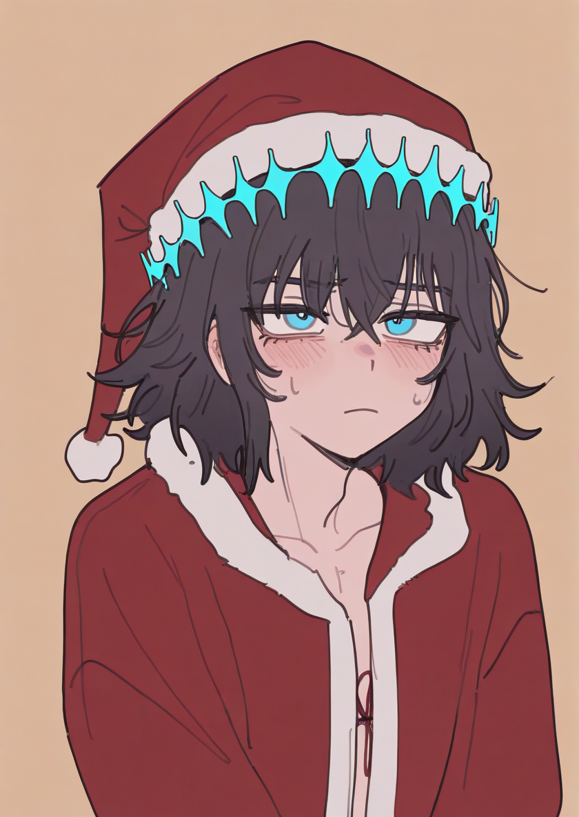 Masterpiece, Best Quality, Best Score, Best Anatomy, simple background, warm background,
androgynous,
(1boy,oberon vortigern, dark hair,blue circlet,blue eyes),
irritation,
christmas outfit, santa hat, 
ppka, doremifaso64, flat color, tale, upper body,
<lora:nyalia_NoobXL:0.8>,  <lora:furu00tck:0.2>, <lora:doremifaso64_style_ill_v1:0.2> ,<lora:Popoka-Illustrious:0.2>,