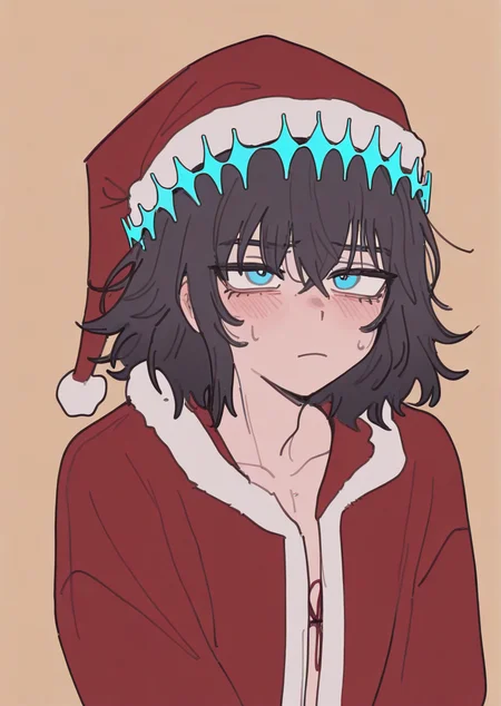 Masterpiece, Best Quality, Best Score, Best Anatomy, simple background, warm background,
androgynous,
(1boy,oberon vortigern, dark hair,blue circlet,blue eyes),
irritation,
christmas outfit, santa hat,
ppka, doremifaso64, flat color, tale, upper body,
<lora:nyalia_NoobXL:0.8>, <lora:furu00tck:0.2>, <lora:doremifaso64_style_ill_v1:0.2> ,<lora:Popoka-Illustrious:0.2>,