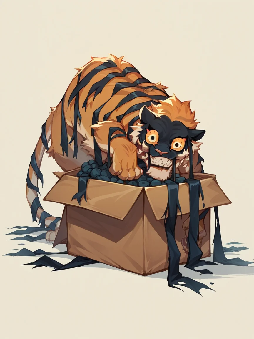 score_9, score_8_up, score_7_up, score_6_up, score_5_up,  <lora:dreamtigerXLP:1> dream tiger, no humans, solo, teeth, cute, box