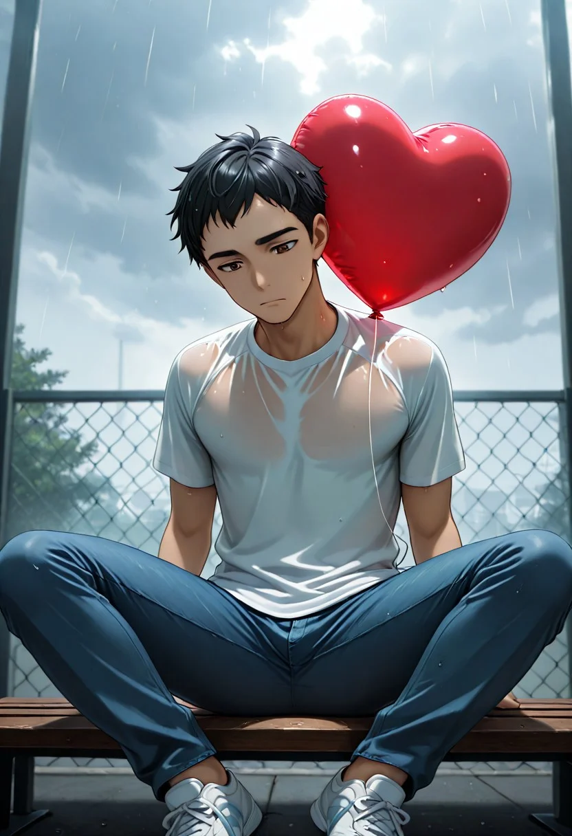 masterpiece, best quality, amazing quality, anime coloring ,
BREAK
source_anime, anime, side angle, close up, from frontal,
prospective,
1boy, solo, 30years, man,
man sitting on a bench, park place, black hair, (very short hair), white shirt, blu jeans, brown eyes, tennis shoes, looks down, gloomy, cloudy sky, light rain, wet clothes, (one red heart-shaped balloon flies far overhead). sad face.
BREAK
professional (4k, uhd, masterpiece, best quality, high quality, absurdres, ultra-detailed),Intricate, Complex contrast, HDR,OverallDetail, absurdres, 4k, ultra sharp, ultra detailed, high contrast, good contrast, depth of field,
