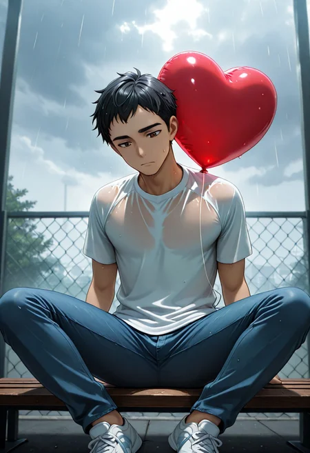 masterpiece, best quality, amazing quality, anime coloring , 
BREAK 
source_anime, anime, side angle, close up, from frontal,
prospective, 
1boy, solo, 30years, man,
man sitting on a bench, park place, black hair, (very short hair), white shirt, blu jeans, brown eyes, tennis shoes, looks down, gloomy, cloudy sky, light rain, wet clothes, (one red heart-shaped balloon flies far overhead). sad face.
BREAK
professional (4k, uhd, masterpiece, best quality, high quality, absurdres, ultra-detailed),Intricate, Complex contrast, HDR,OverallDetail, absurdres, 4k, ultra sharp, ultra detailed, high contrast, good contrast, depth of field,