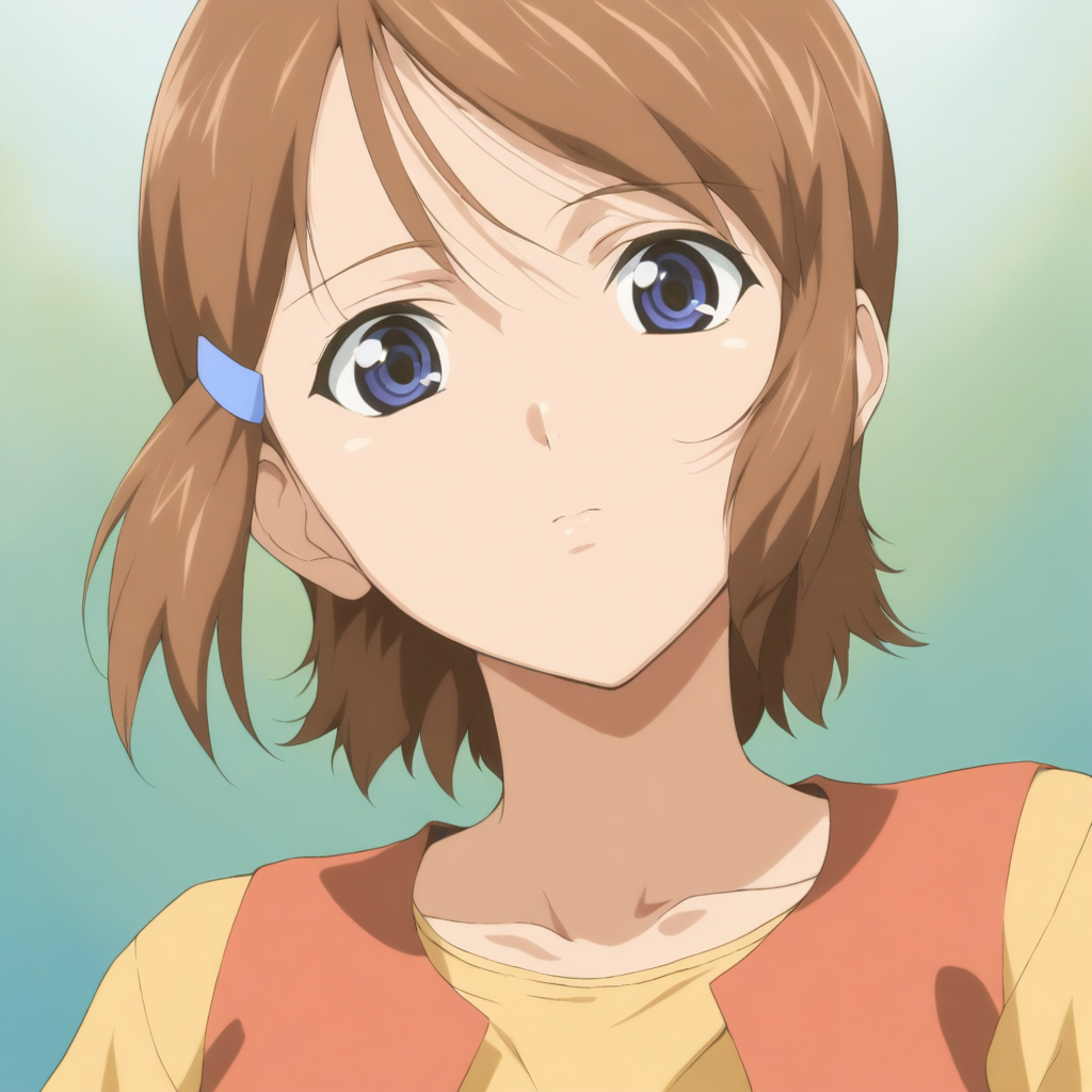 masterpiece,1girl,solo,looking at viewer,upper_body,portrait,<lora:Kiyone_Ootani ag4o v1:1> kiyone_ootani, brown hair, short hair, hairclip, blue eyes,shirt,vest,