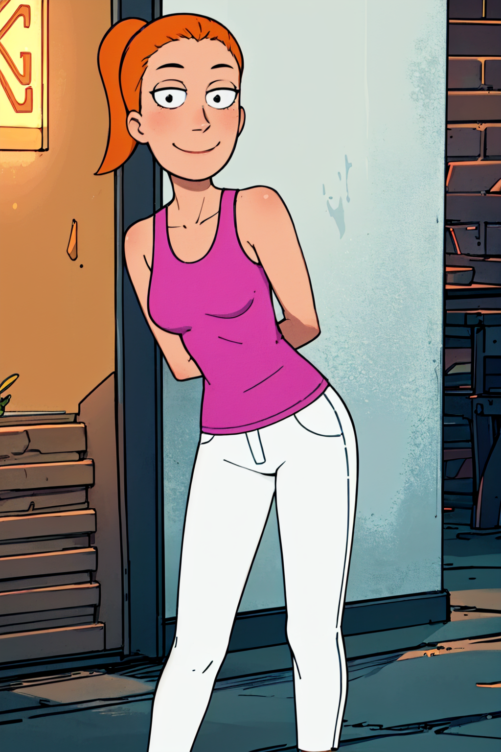 summer.smith, orange hair, 1girl, ponytail, solo, pink tank top, white pants, smile, breasts,looking at viewer, smile, arms behind back,black footwear,    <lora:summer2-000007:0.7>