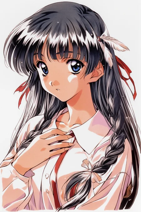 Manami Sugihara,1girl,solo,long hair,feathers,blue eyes,long sleeves,ribbon,hair ribbon,(braid:1.5),black hair,white_shirt,retro artstyle,parted lips,looking at viewer,upper body,white background,1990s \(style\),hand on own chest,simple background,bangs,white feathers,<lora:Mizutani Tooru_XL:0.8>,