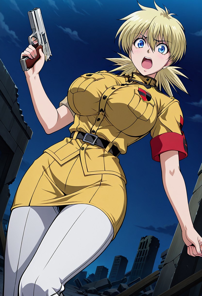 general,highres, ultra-detailed,very aesthetic,best quality ,best hands,best eyes,easynegative,
dynamic anglre, dutch angle, anime cloring,anime screencap,
1girl solo,looking at viewer,night,ruins,holding gun,fighting,open mouth,
Seras Victoria,blonde_hair, huge_breasts, blue_eyes, short hair,shirt,pants,