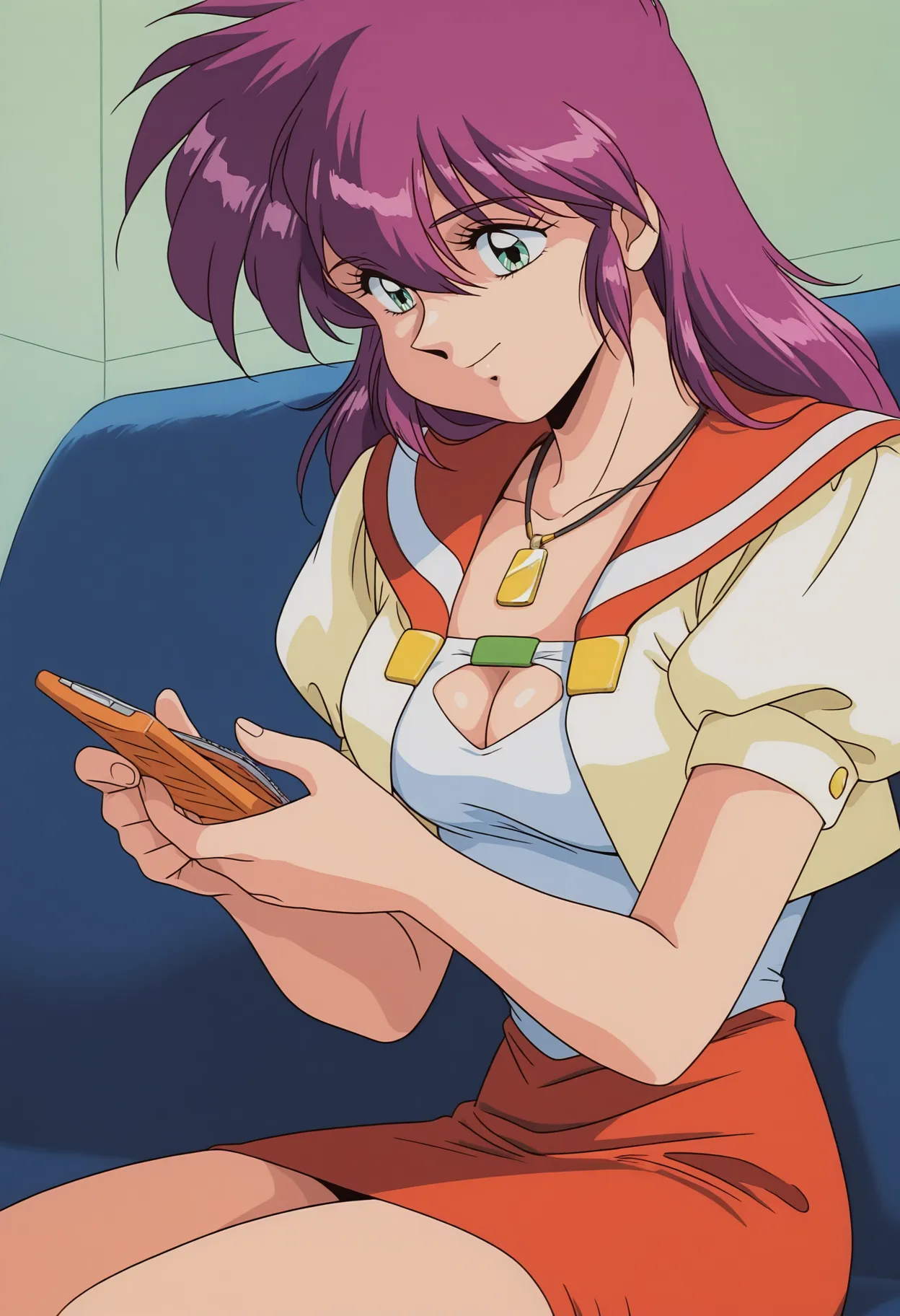 CosFanSaya, 1990s (style), retro artstyle, sitting, looking down, upper body,
1girl, solo, indoors, room, holding wallet, wallet open,
purple hair, long hair, hair down, hair between eyes, bangs, green eyes, smile,
jewelry, necklace, pendant,
cleavage, cleavage cutout, orange sailor collar, white cropped jacket,
medium breasts, puffy short sleeves, white tube top, orange pencil skirt,
orange pencil skirt,
best quality,amazing quality,very aesthetic,absurdres
 <lora:CosFanSayaV1_1:1>