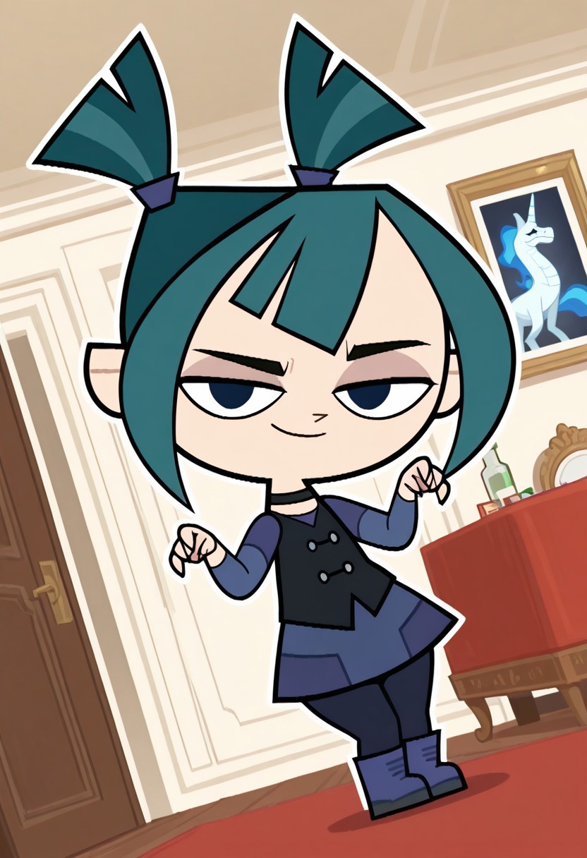 masterpiece, best quality, amazing quality, very aesthetic, absurdres, newest, solo, GwentdrZYN, 1girl, solo, chibi, teal hair, high pigtails, black vest, blue shirt, dress, dark blue pants, blue boots, black choker, black eyes,, cowboy shot, looking at viewer, beautiful, ((beautiful face, beautiful eyes)), Wide Hips, Big thighs, standing,(smile, dutch angle, naughty pose, looking at viewer, indoors, elegant room, solo, dynamic pose, full_body, head tilt,),((white background, White frame, white outline))